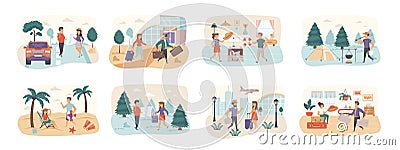 Travel vacation bundle of scenes with people Vector Illustration