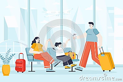 Travel vacation concept in flat design. Family in airport terminal waiting hall scene. Mom, dad and daughter flight on journey Vector Illustration