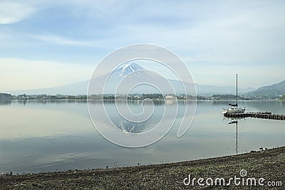 Travel and Vacation concept - Fuji snow mountain with sailing bo Stock Photo