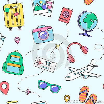 Travel and vacation objects, icons and accessories seamless pattern Vector Illustration