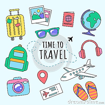 Travel and vacation objects, icons and accessories Vector Illustration