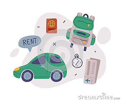 Travel or Vacation Objects Set, Car Renting, Backpack, Passport and Tickets, Journey on Holidays, Adventure, Tourism Vector Illustration