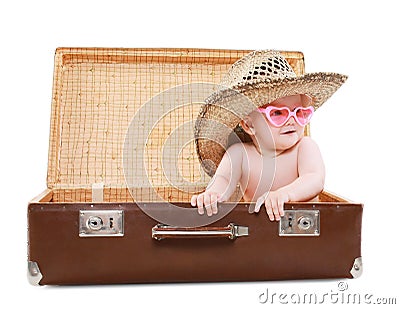 Travel, vacation and people concept - funny baby in sunglasses Stock Photo