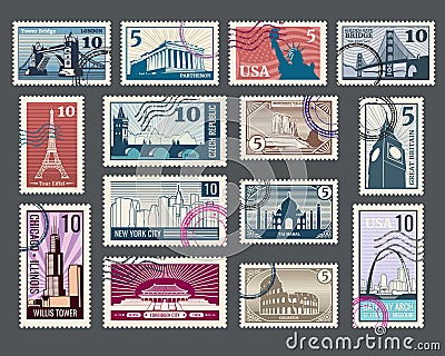 Travel, vacation, postage stamp with architecture and world landmarks Vector Illustration