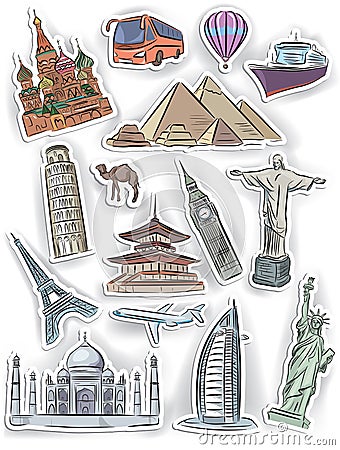 Travel and vacation stickers set Vector Illustration