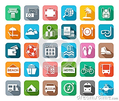 Travel, vacation, tourism, leisure, icons, flat, colored, vector. Vector Illustration
