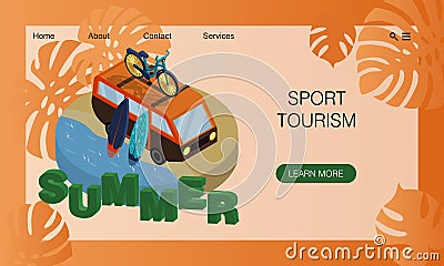 Travel van with bicycle mounted on roof and two surfboards. Summer 3d vector illustration. Concept of touristic website, landing Vector Illustration