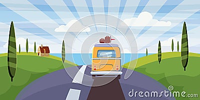 Travel van camper, bus on the road goes to the sea for a summer vacation. Holiday season vacation at sea. Travel leisure Vector Illustration