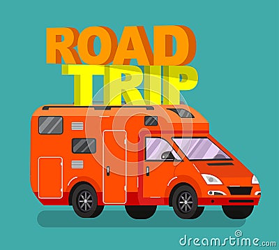 Travel van flat square icon with long shadows. Vector Illustration