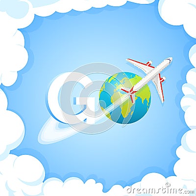 Travel concept. Word GO at blue background with aircraft and globe. Plane flying around Earth planet with continents and Vector Illustration