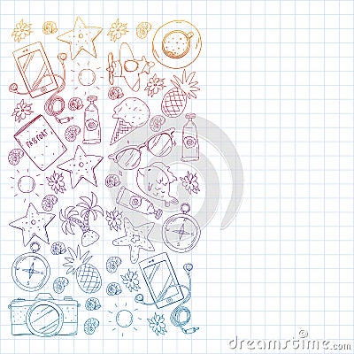 Travel vector pattern. Adventure, beach, tropical design. Vector Illustration