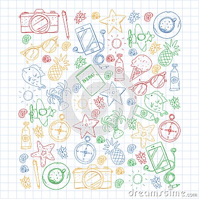 Travel vector pattern. Adventure, beach, tropical design. Vector Illustration