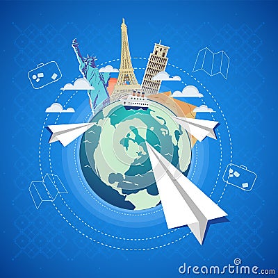 Travel vector poster concept. Abstract globe with monuments and paper airplanes Vector Illustration