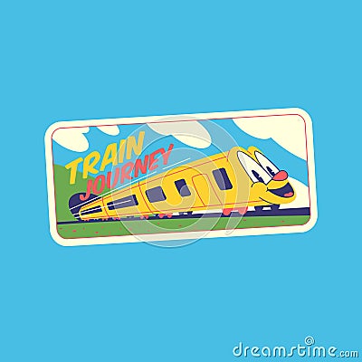 Travel Vector Retro Sticker, Pin, Stamp, Patch. A smiling train leaves the tunnel. Vector Illustration
