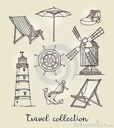 Travel vector set, hand drawn vintage sketch Vector Illustration