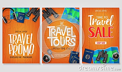 Travel Vector Set Template with Creative Stylish Text Logo and Realistic 3D Traveling Item Elements Vector Illustration