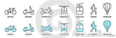 Travel Vehicle Linear Pictogram Collection. Bike, Scooter, Cable Car, Helicopter, Motorcycle, Moped, Hot Air Balloon Vector Illustration