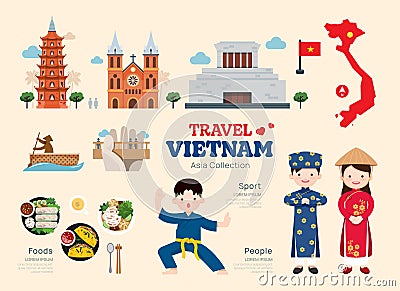 Travel Vietnam flat icons set. Vietnamese element icon map and landmarks symbols and objects collection. vector illustration Vector Illustration