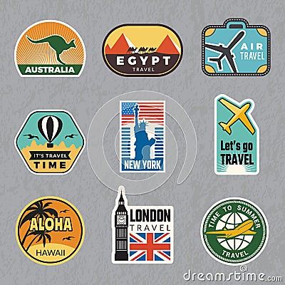 Travel vintage sticker. Summer vacation labels for old luggage tropical travel vector logo collection Vector Illustration