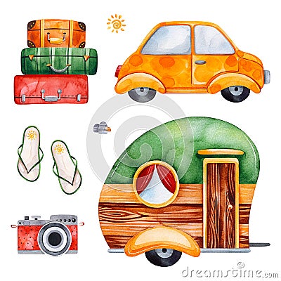 Travel watercolor set with yellow car, camera, flip flop Stock Photo
