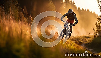 girl woman sunset bicycle dark sport forest bike summer walking cycling. Generative AI. Stock Photo