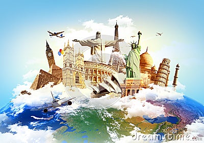 Travel the world concept, different monuments on a globe Cartoon Illustration