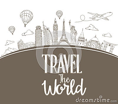 Travel The World Design Background of Line Drawing Vector Illustration