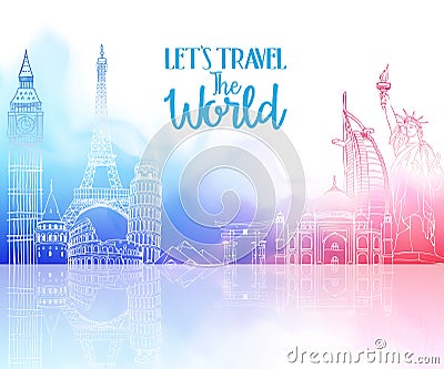 Travel The World Hand Drawing with Famous Landmarks Vector Illustration