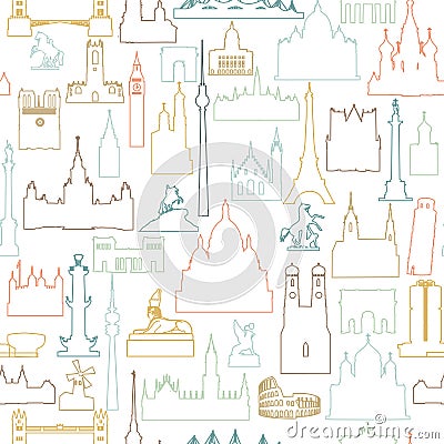 Travel world landmarks tile pattern. Travel sight icon set Stock Photo