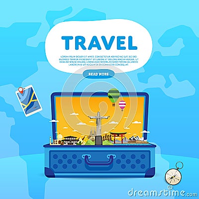 Travel the world. Monument concept. Road trip. Vector Illustration