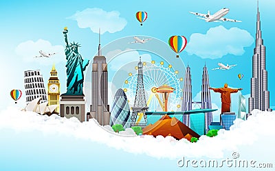 Travel the world monuments concept on blue sky background Vector Illustration