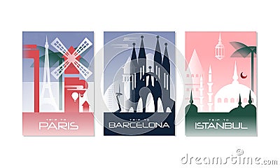 Travel the World Poster with Paris, Barcelona and Istanbul City View Vector Set Vector Illustration