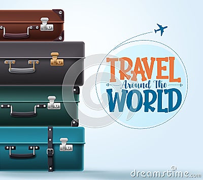 Travel world text vector template design. Travelers luggage, suitcase and briefcase elements Vector Illustration