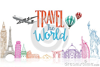 Travel The World Title Concept Design Background of Line Drawing Vector Illustration