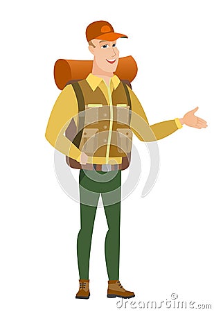 Traveler with arm out in a welcoming gesture. Vector Illustration