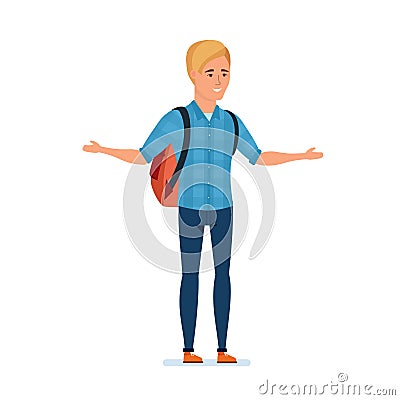 Traveler with backpack behind him, admires nature, architecture and environment. Vector Illustration