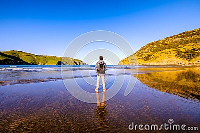 A traveler with a backpack stands along a beach Stock Photo