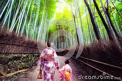 Traveler in Bamboo Forest Grove, Kyoto, Japan Editorial Stock Photo