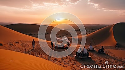 Traveler camp tent in the desert against the backdrop of dunes on sunset sun. AI generated. Stock Photo