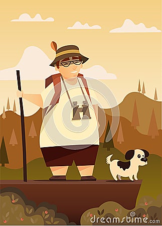 A traveler with a dog in the mountains. Hiking Vector Illustration