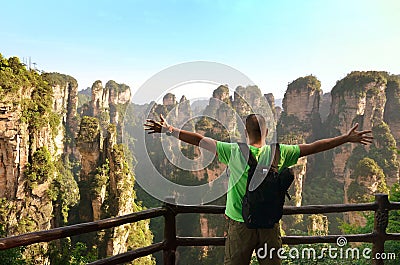 Traveler enjoying amazing view Zhangjiajie National Park Stock Photo