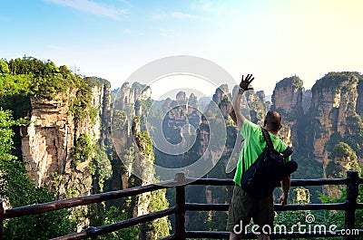 Traveler enjoying amazing view Zhangjiajie National Park Stock Photo