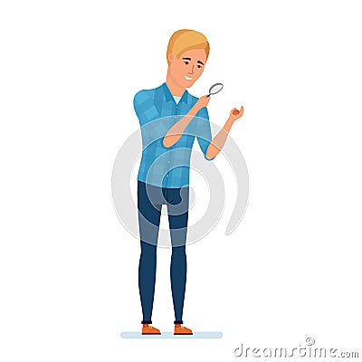 Traveler gets acquainted with nature, sights, looks at found artifact. Vector Illustration