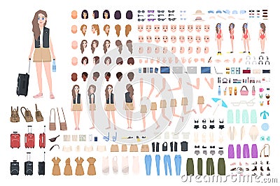 Traveler girl constructor or DIY kit. Bundle of female tourist body parts, postures, clothing, touristic equipment Vector Illustration