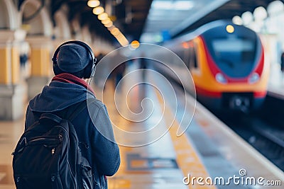 traveler with headphones on highspeed train platform Stock Photo