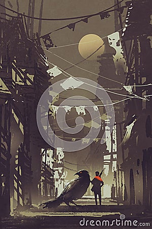 The traveler with his crow in abandoned city at night Cartoon Illustration