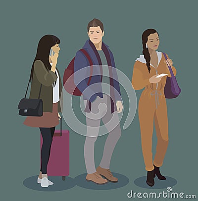 Traveler icon set. Man and women with luggage, smart phone, tickets. People in airport, train, bus, ship journey. Couple Vector Illustration