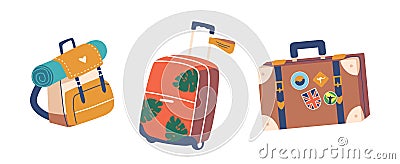 Traveler Items Icons Backpack, Suitcase and Luggage with Stickers Isolated on White Background. Luggage and Baggage Vector Illustration