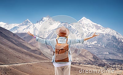 Traveler look at the mountain range. Travel and active life concept. Stock Photo