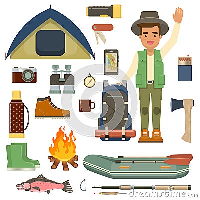 Traveler man with backpack and set of camping equipment Vector Illustration